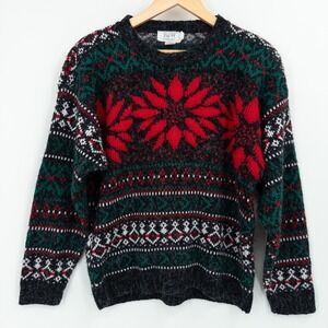 Vintage Poinsettia Fair Isle‎ Christmas Sweater Womens Large Fuzzy Cozy Holiday